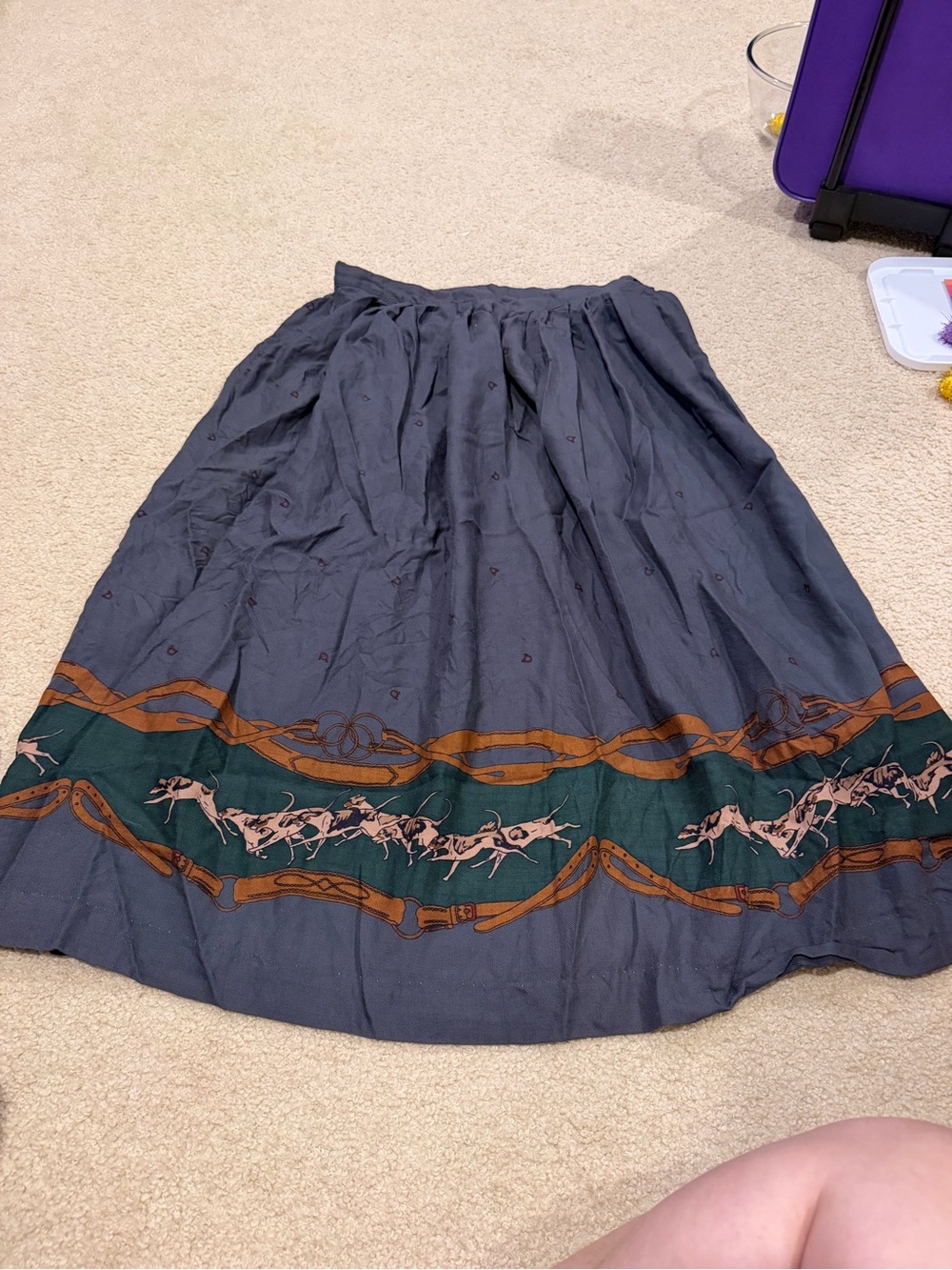 Gathered Midi Skirt in Dark Gray with Green Equestrian Border